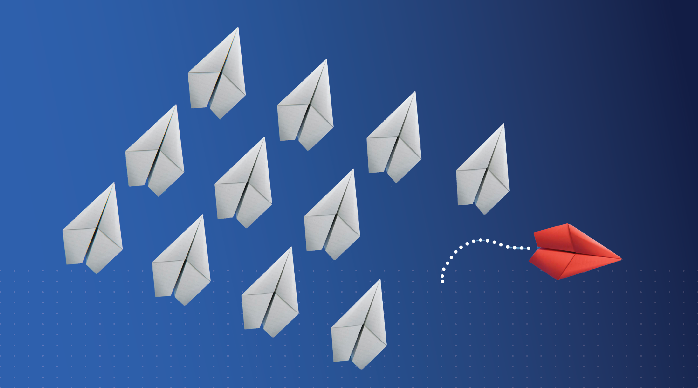 Paper airplanes with one red standout symbolizing startup preparation for venture capital due diligence and standing out to investors