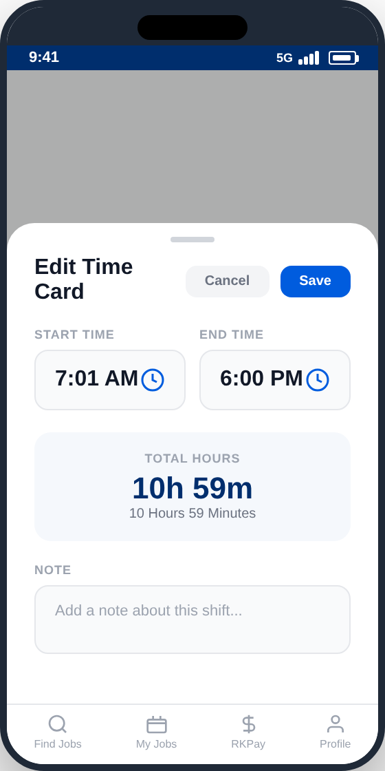 RollKall Time Card editing screen with start and end time fields