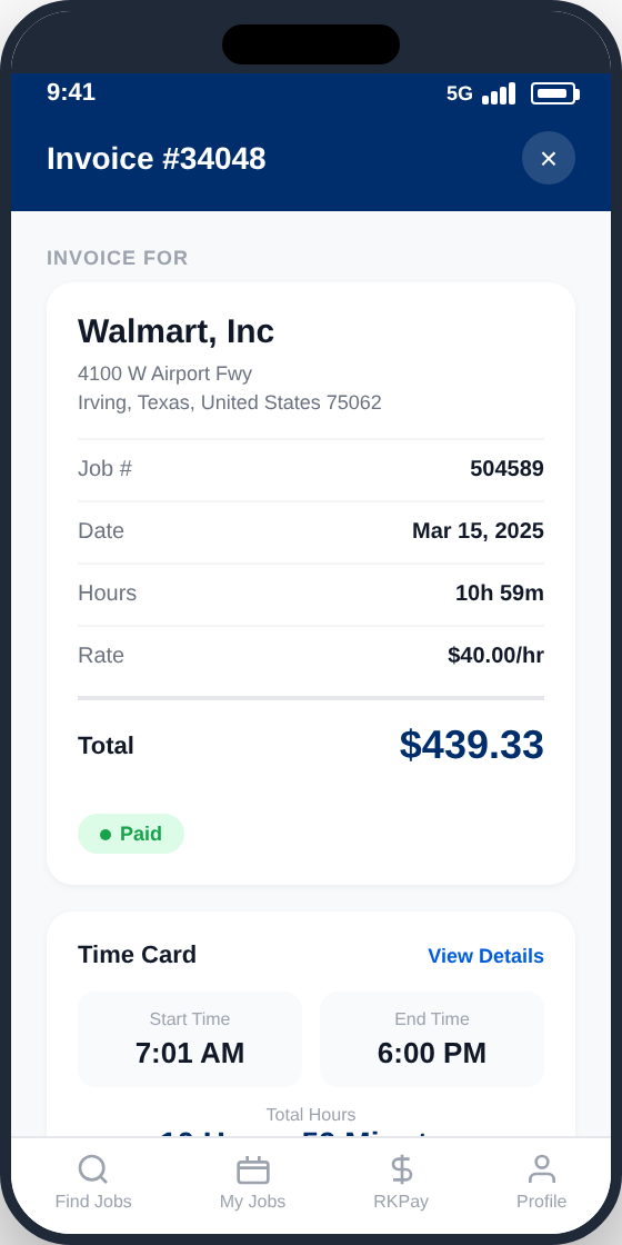 RollKall Invoice screen showing payment details and time card summary