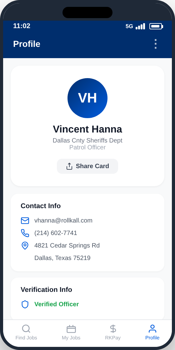 RollKall officer Profile screen showing contact and verification info