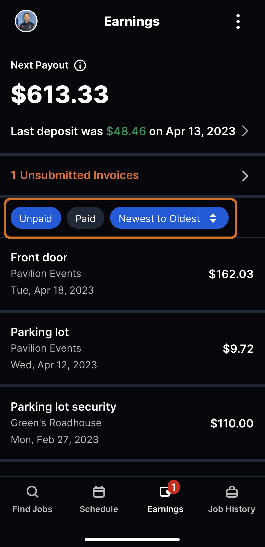 Earnings sort filter