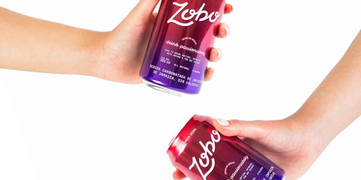 Two hands holding purple and red Zobo Jamaica soda cans against a white background.