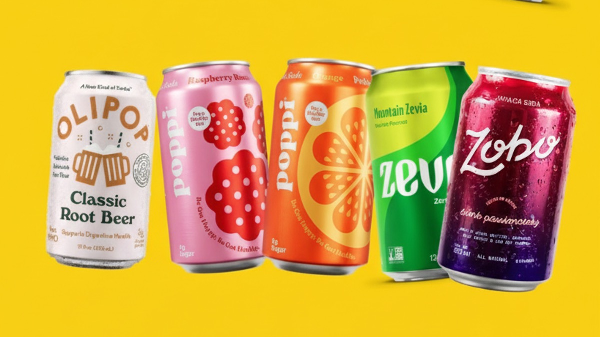 Five colorful soda cans with flavors including Classic Root Beer, Raspberry Rose, Orange, Mountain Zevia, and Zobo against a yellow background.