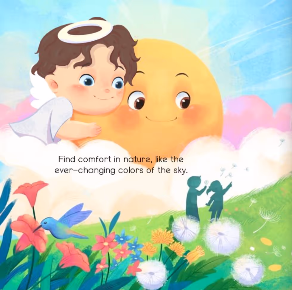 An angel baby hugs a smiling sun in the sky