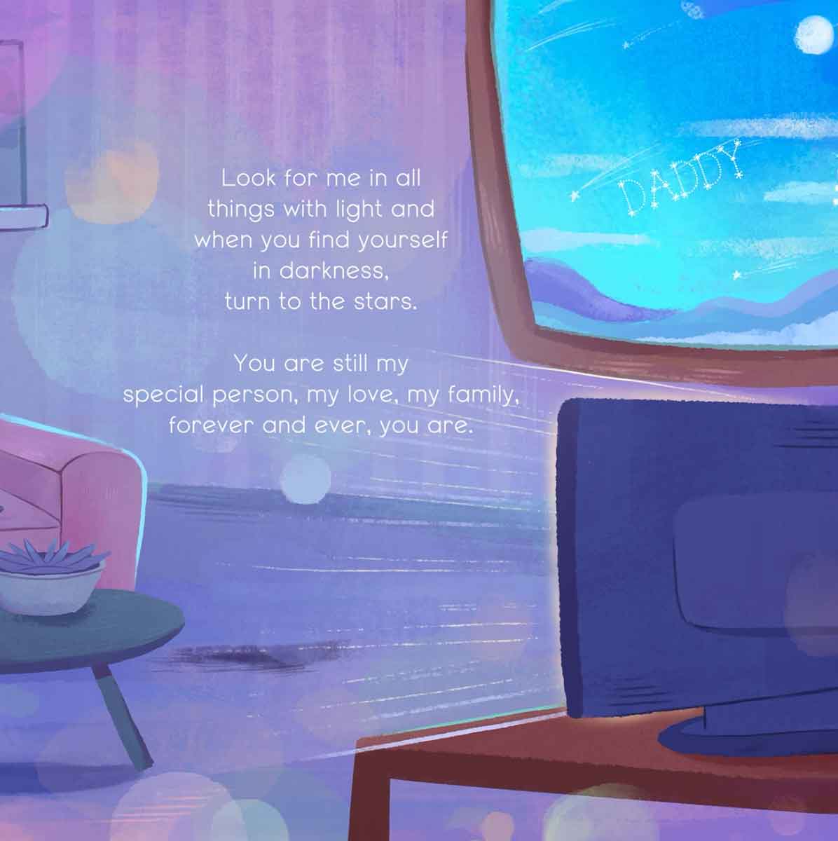 Scene from the book, showing custom text written in the sky