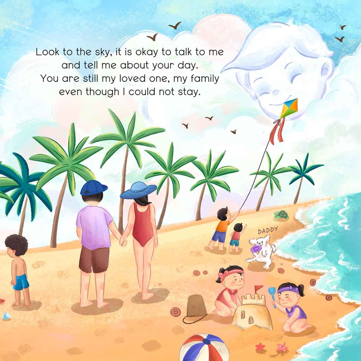 An angel baby looks down from clouds onto the beach below