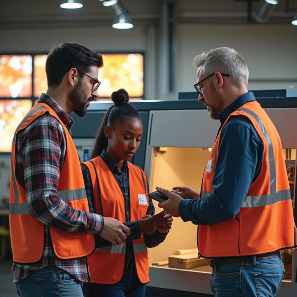 A group of 3 people in front of a CNC machine
