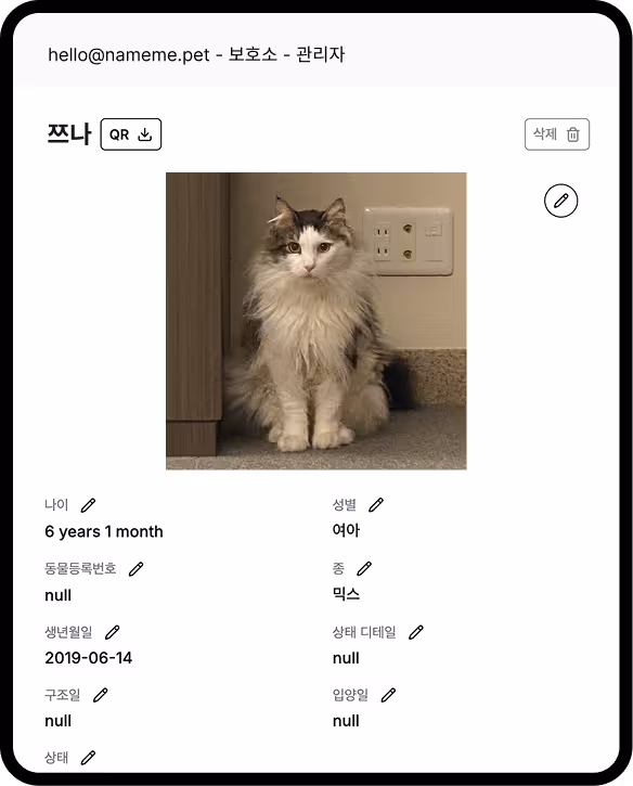 Dashboard showcasing personal profile of an animal