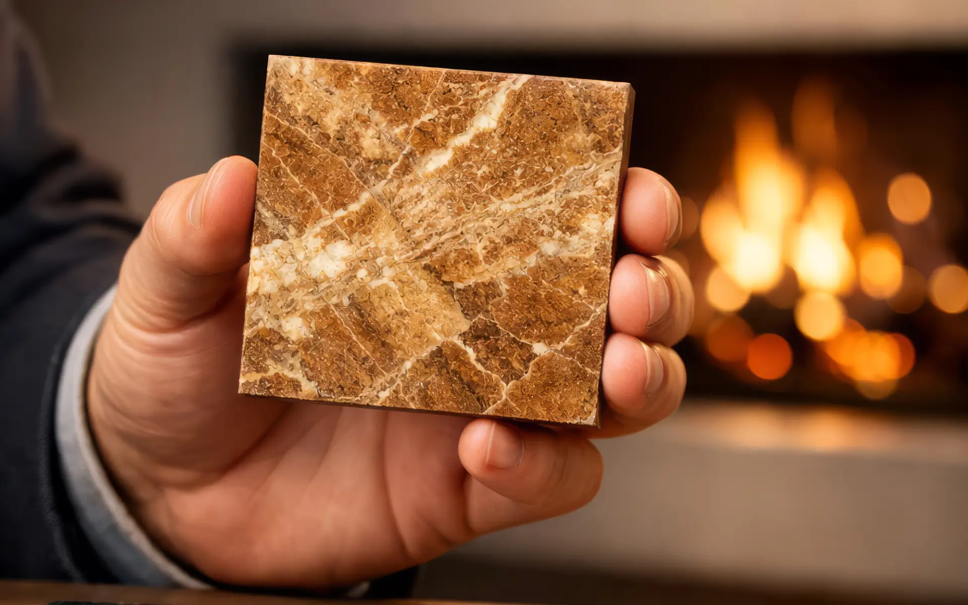 Detailní vzorek hnědého mramoru s výrazným žilkováním držený v ruce na pozadí hořícího krbu pro výběr materiálu.