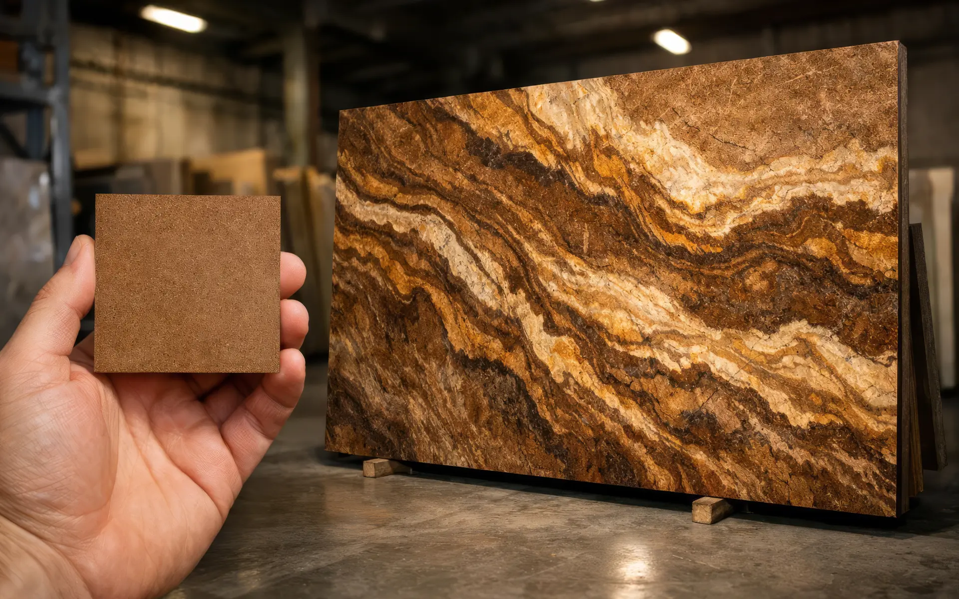 Srovnání malého vzorku kamene s velkoformátovou deskou kvarcitu s dynamickou hnědo-oranžovou kresbou v kamenické dílně.