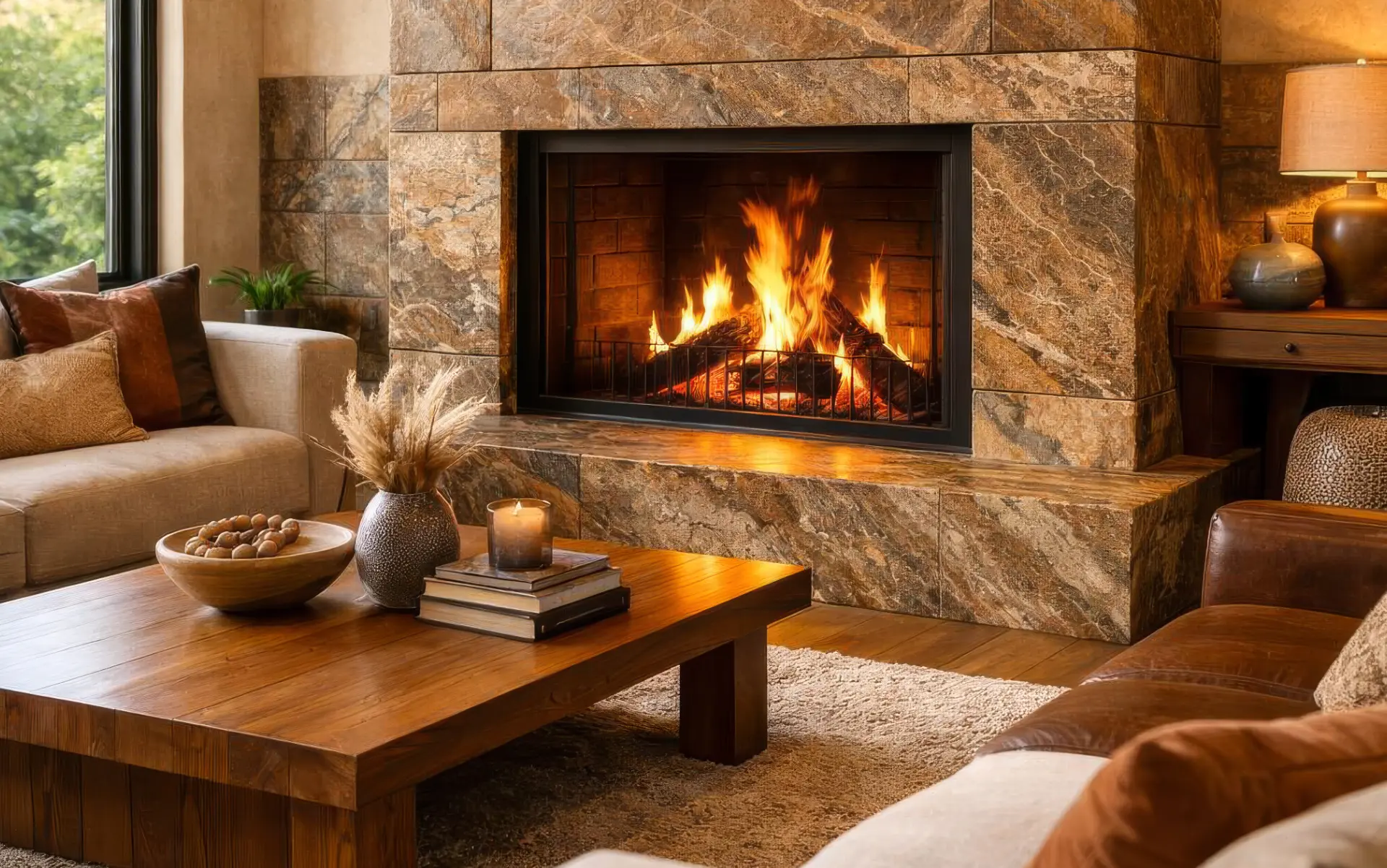 Luxusní obývací pokoj s moderním krbem obloženým přírodním kamenem s výraznou texturou a dřevěným konferenčním stolem.
