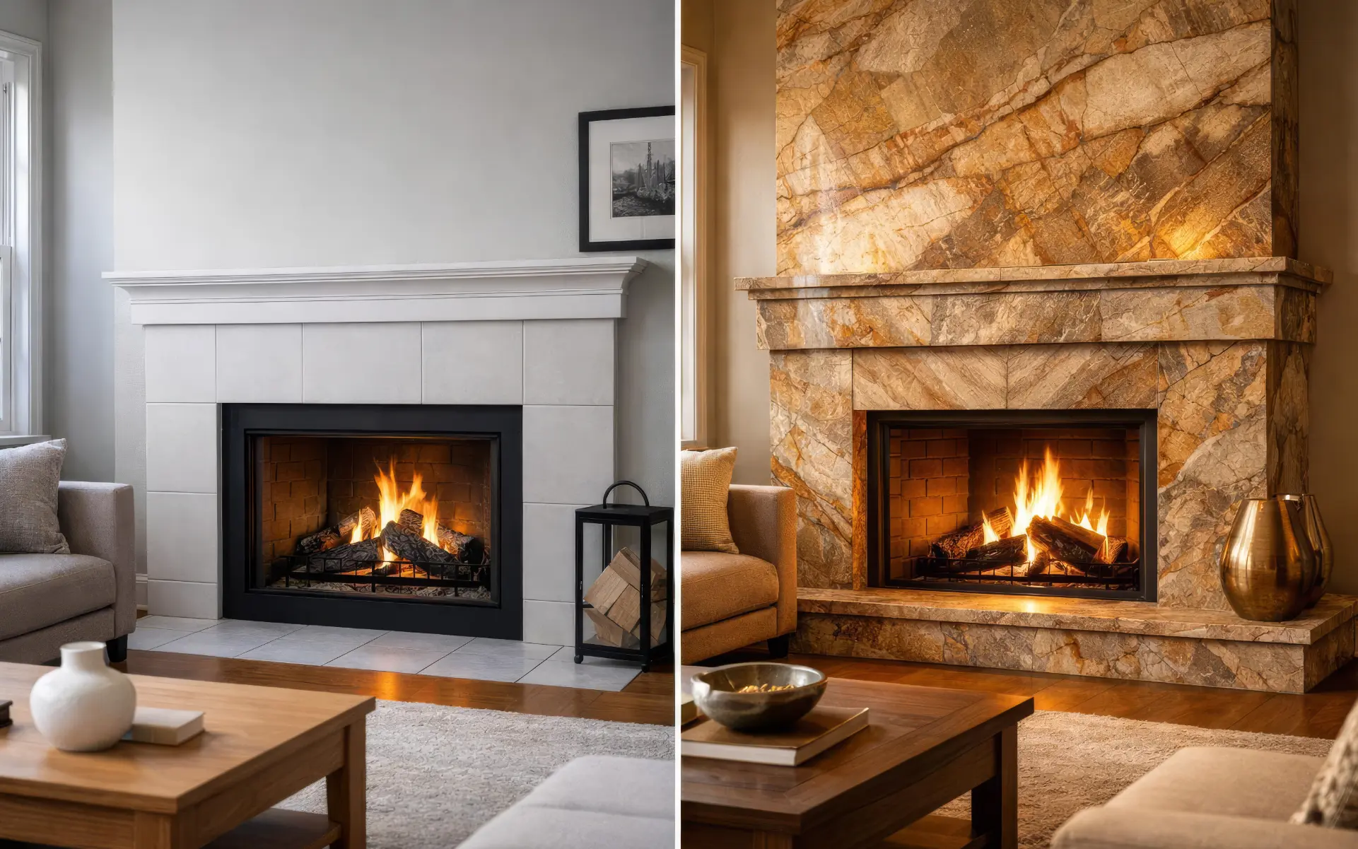 Srovnání vzhledu krbu před a po realizaci: vlevo jednoduchý bílý obklad, vpravo luxusní celostěnný obklad z přírodního kvarcitu.