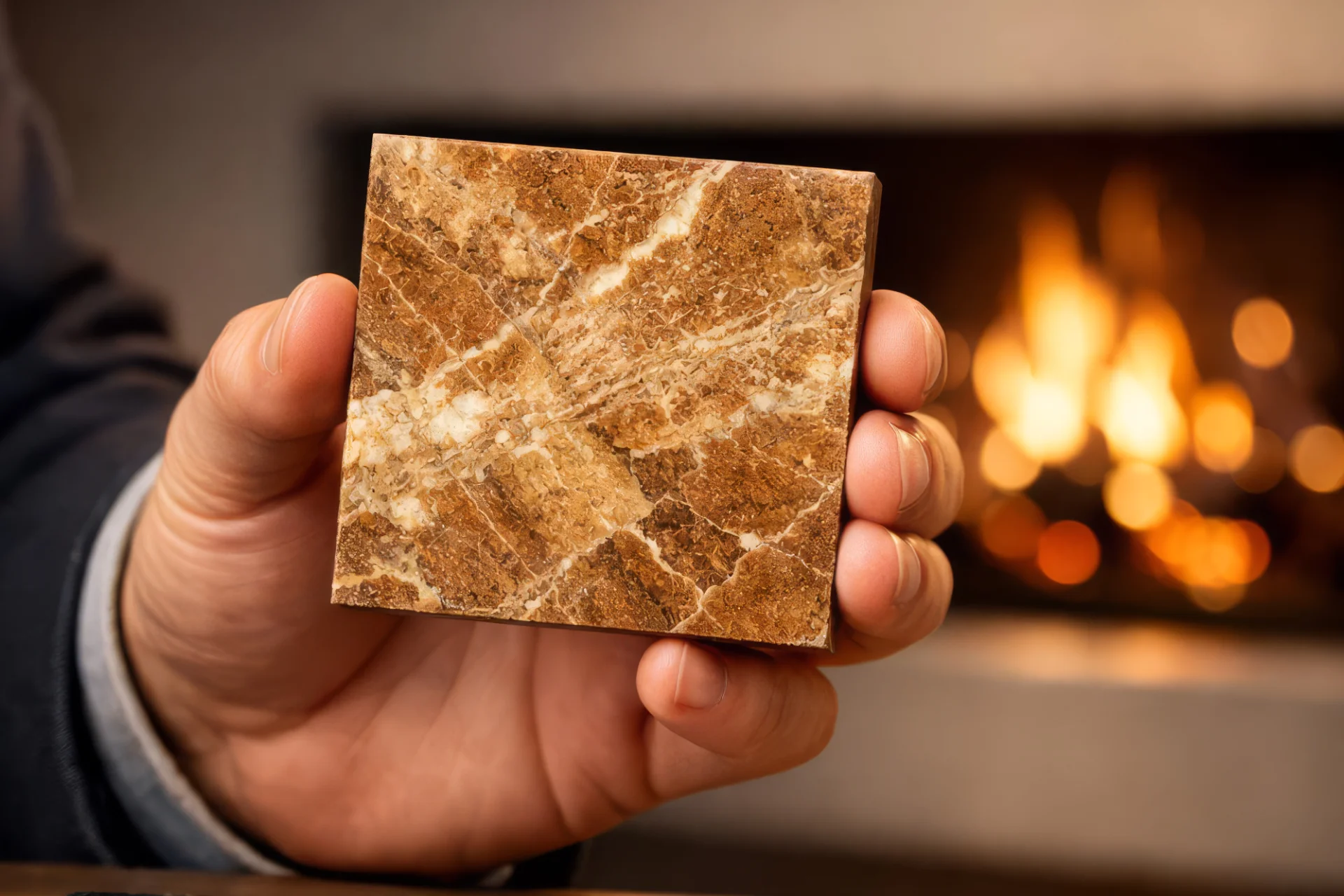 Detailní vzorek hnědého mramoru s výrazným žilkováním držený v ruce na pozadí hořícího krbu pro výběr materiálu.