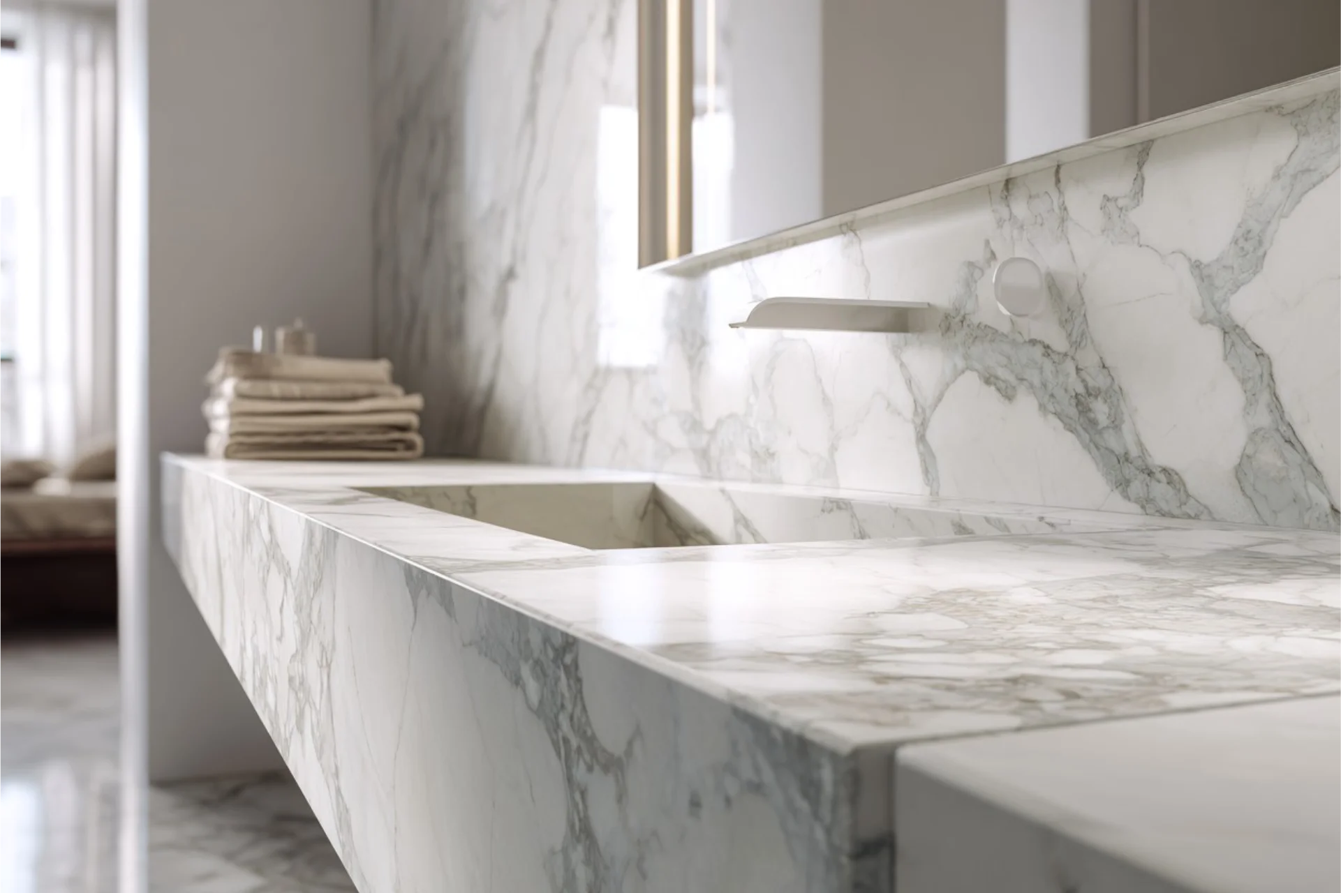 Vestavěné umyvadlo z bílého mramoru s šedým žilkováním a mramorový obklad stěny v moderní koupelně