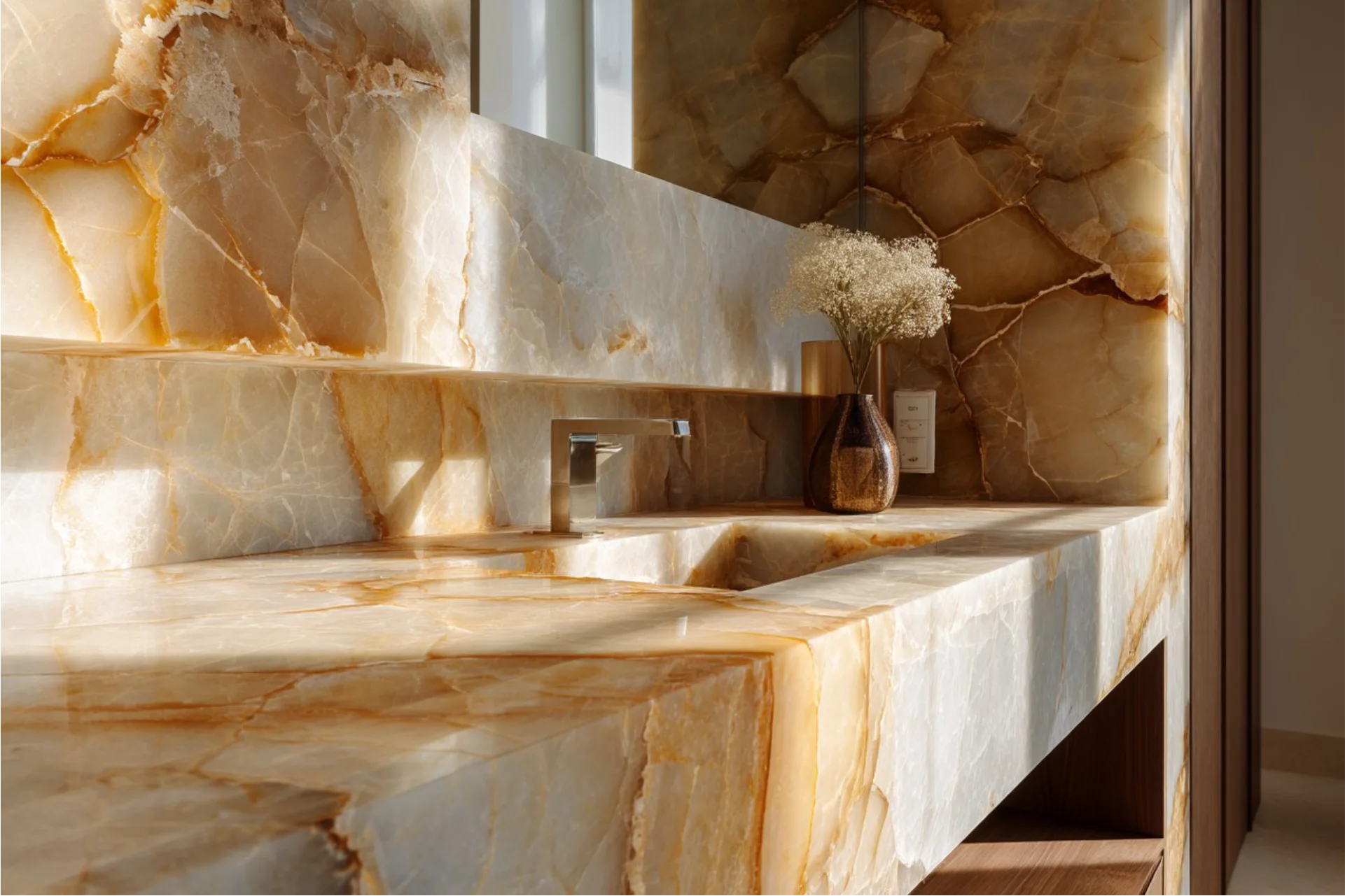 Monolitické umyvadlo a obklad stěny z kvarcitu s teplým zlatohnědým žilkováním v luxusní koupelně