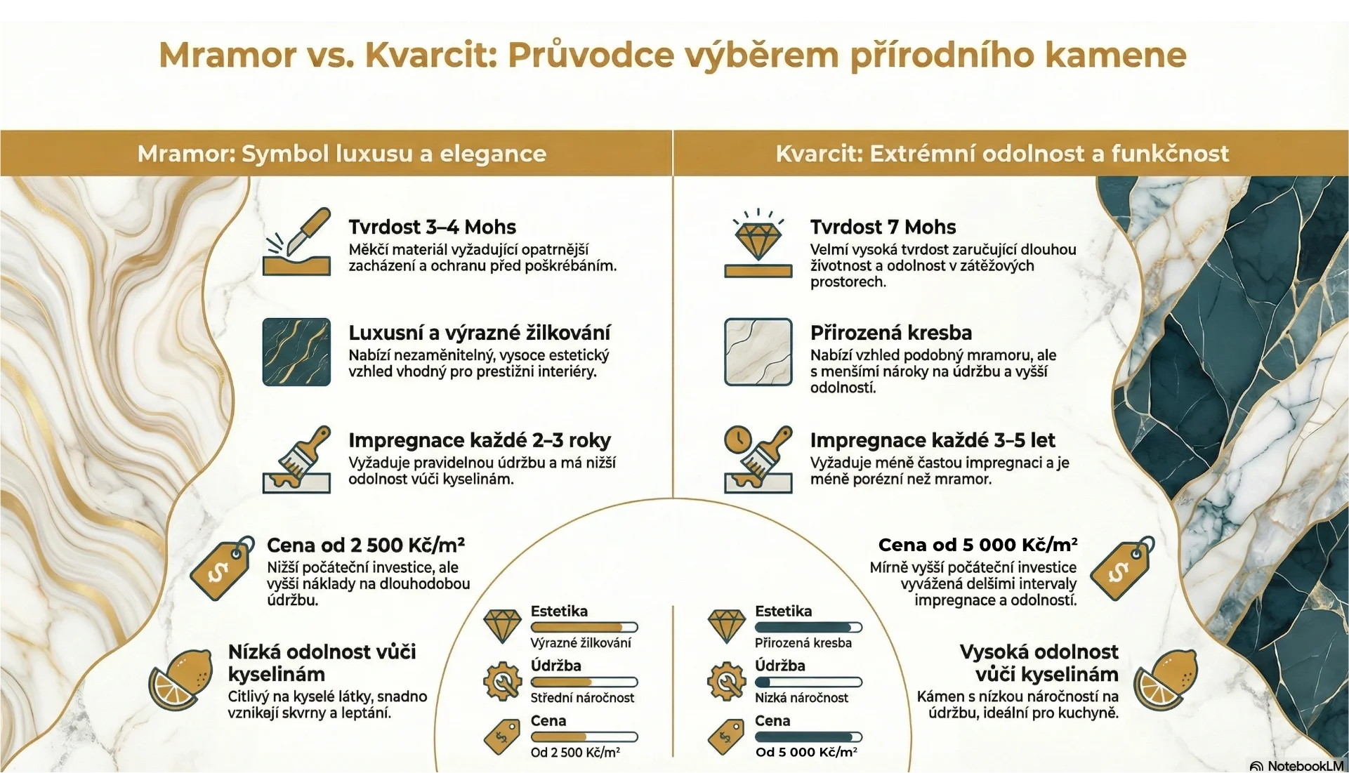 Infografika srovnávající mramor a kvarcit do koupelny – tvrdost, údržba, impregnace a ceny od 2 500 Kč/m²