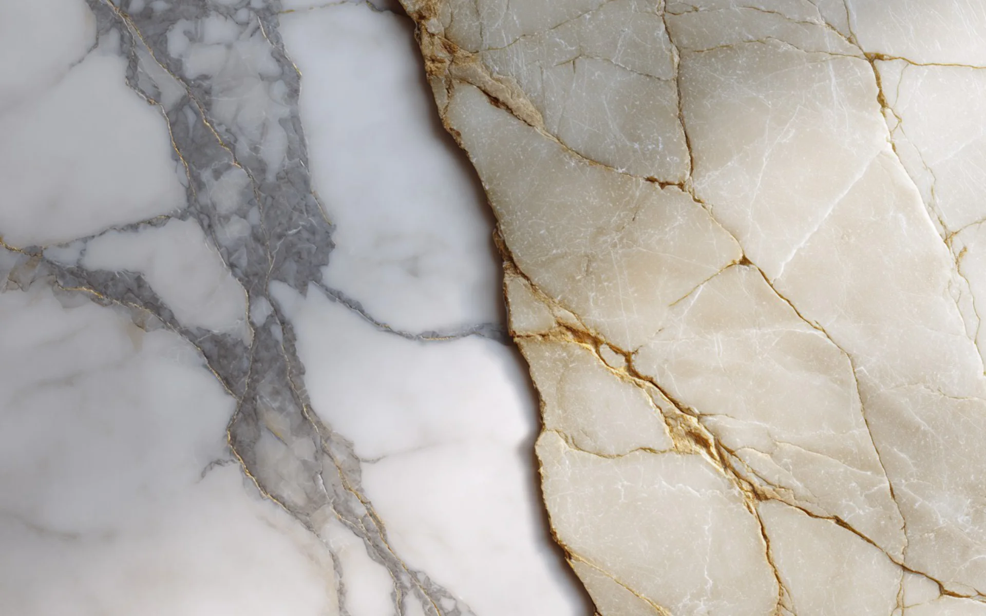 Srovnání povrchu bílého mramoru s šedým žilkováním a desky kvarcitu se zlatými žilami – výběr přírodního kamene do koupelny