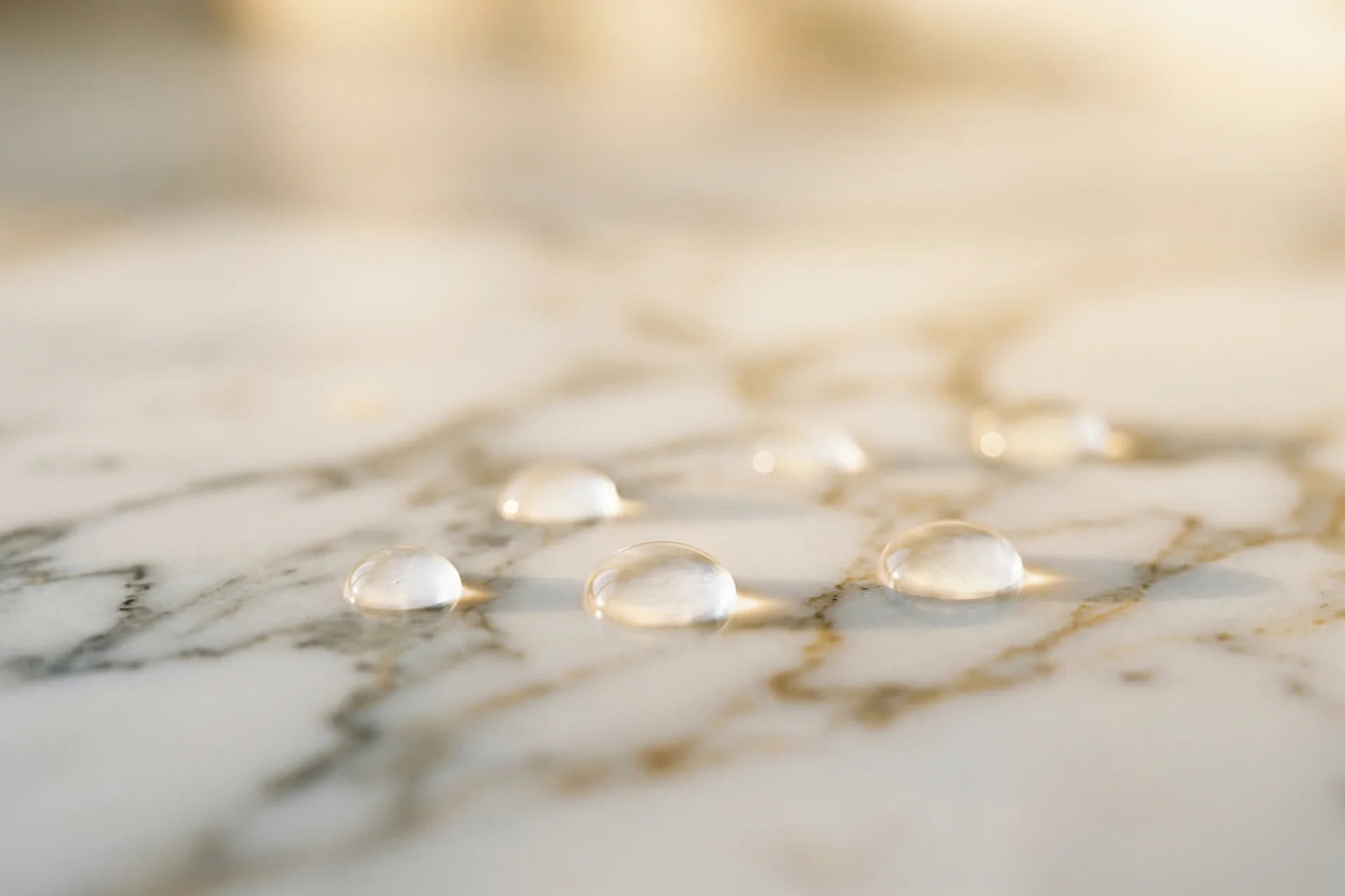 Kapky vody na povrchu přírodního kamene – péče o přírodní kámen v koupelně