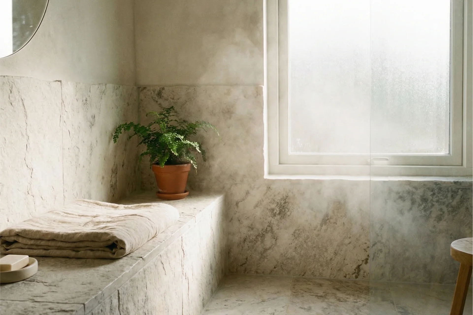 Světlá koupelna s přírodním kamenem na stěnách – údržba přírodního kamene v každodenním životě