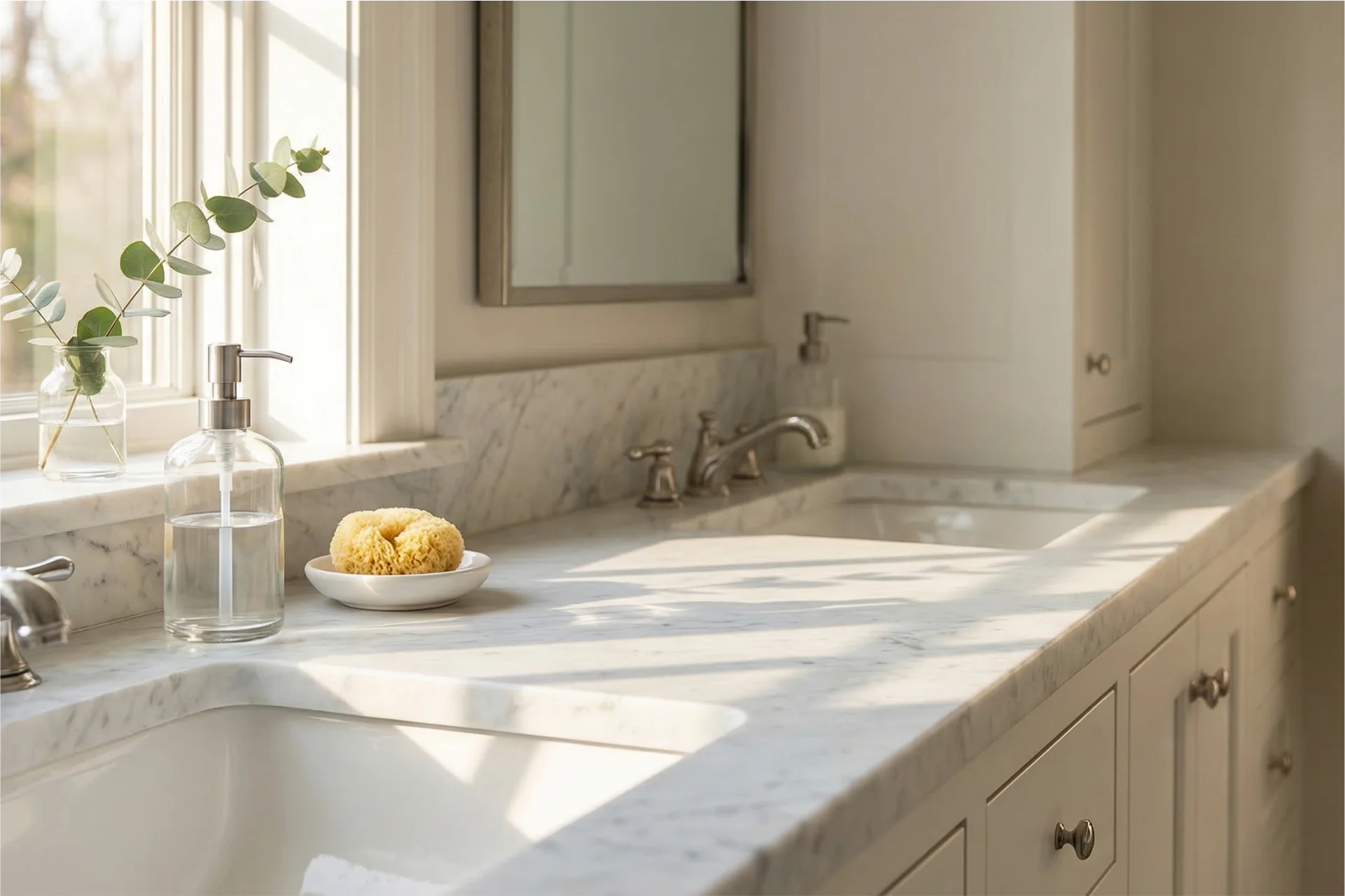 Mramorová deska pod umyvadlem po pěti letech používání – péče o mramor v koupelně
