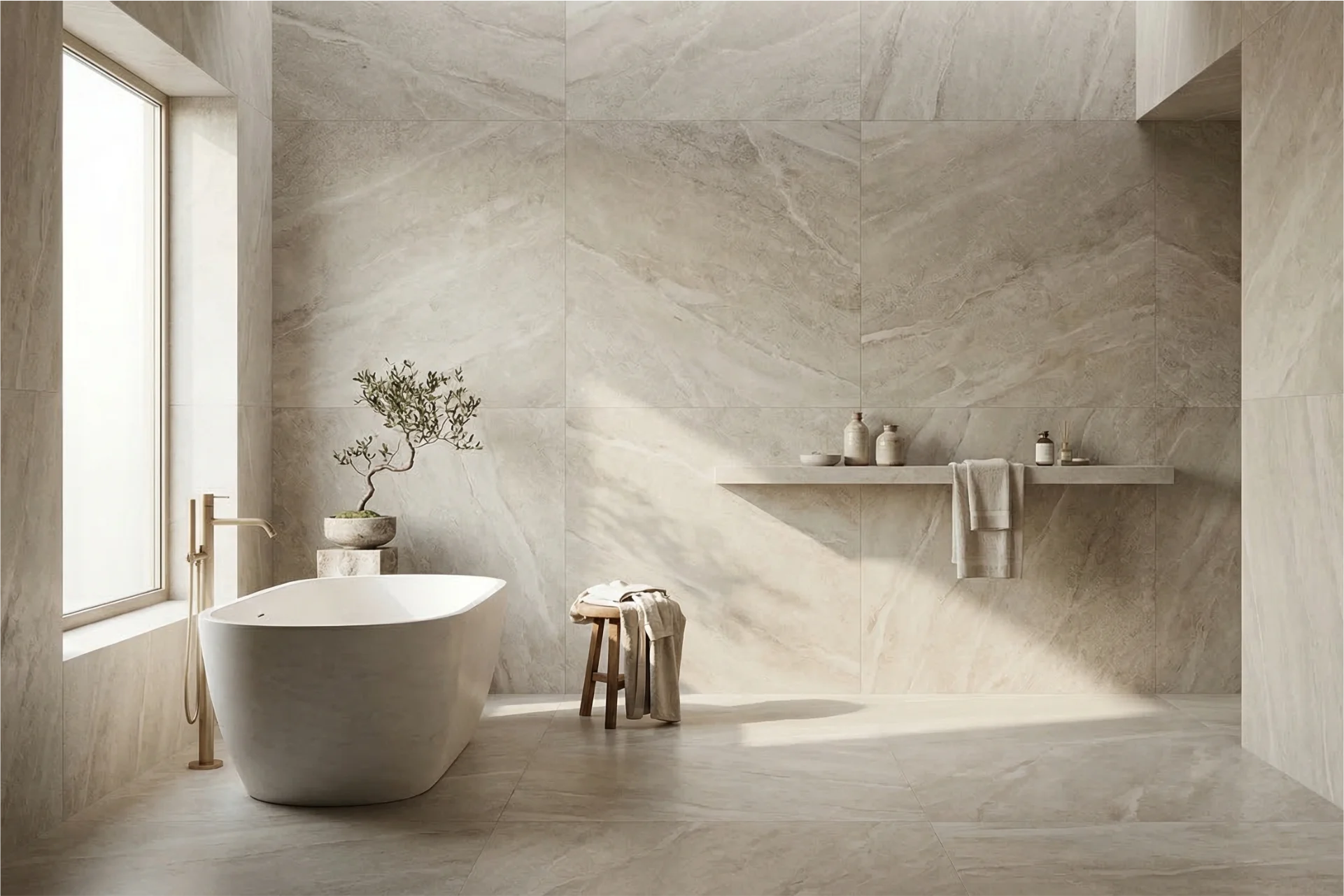 Prostorná koupelna obložená přírodním kamenem – impregnace a údržba přírodního kamene