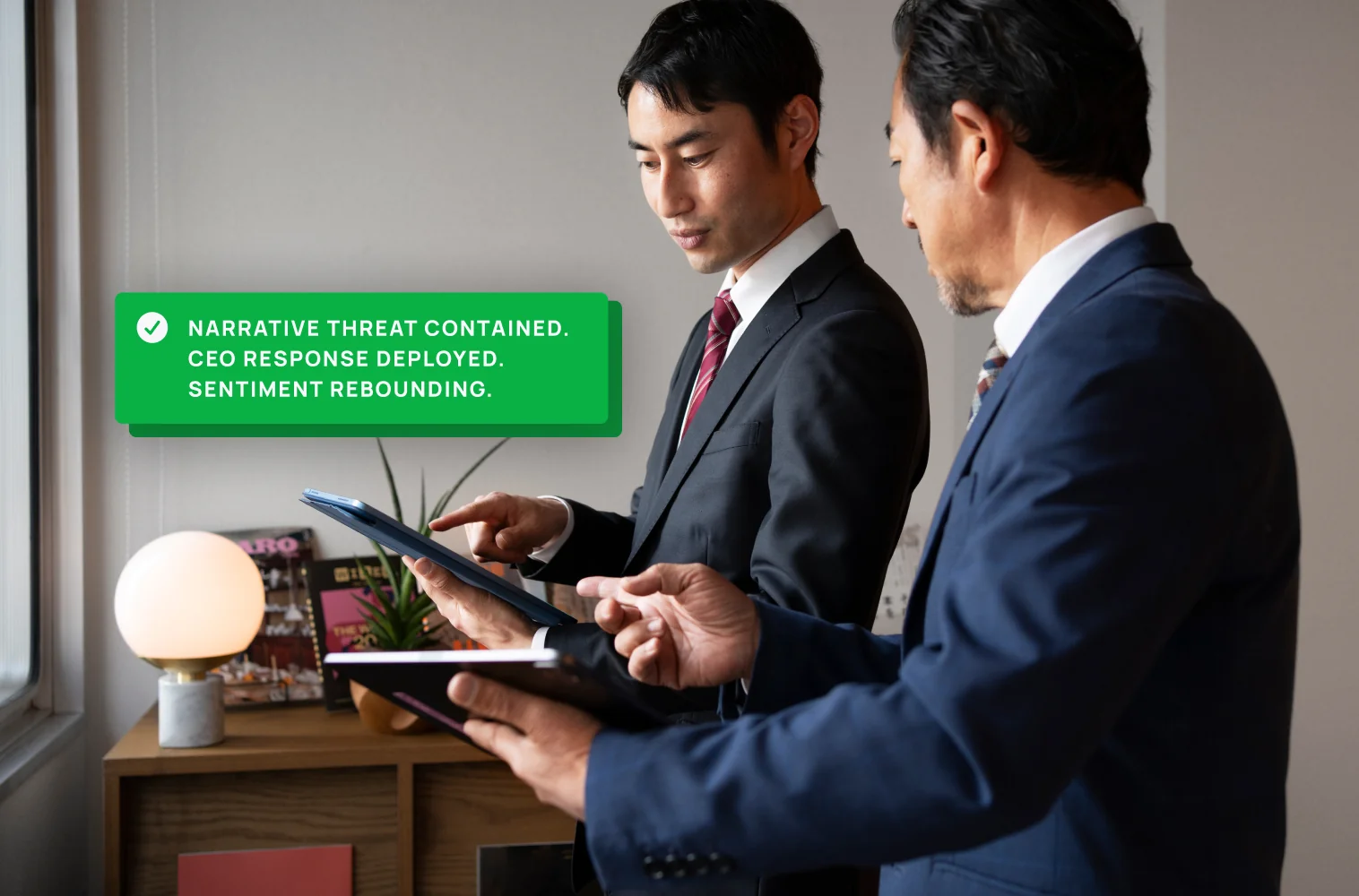 Two C-suite executives receive a notification from Alpha Echo saying that a crisis has been resolved.