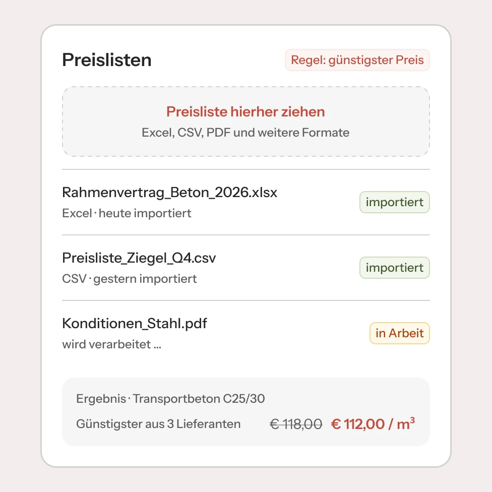 Import von Preislisten als Excel, CSV oder PDF in constrct sync