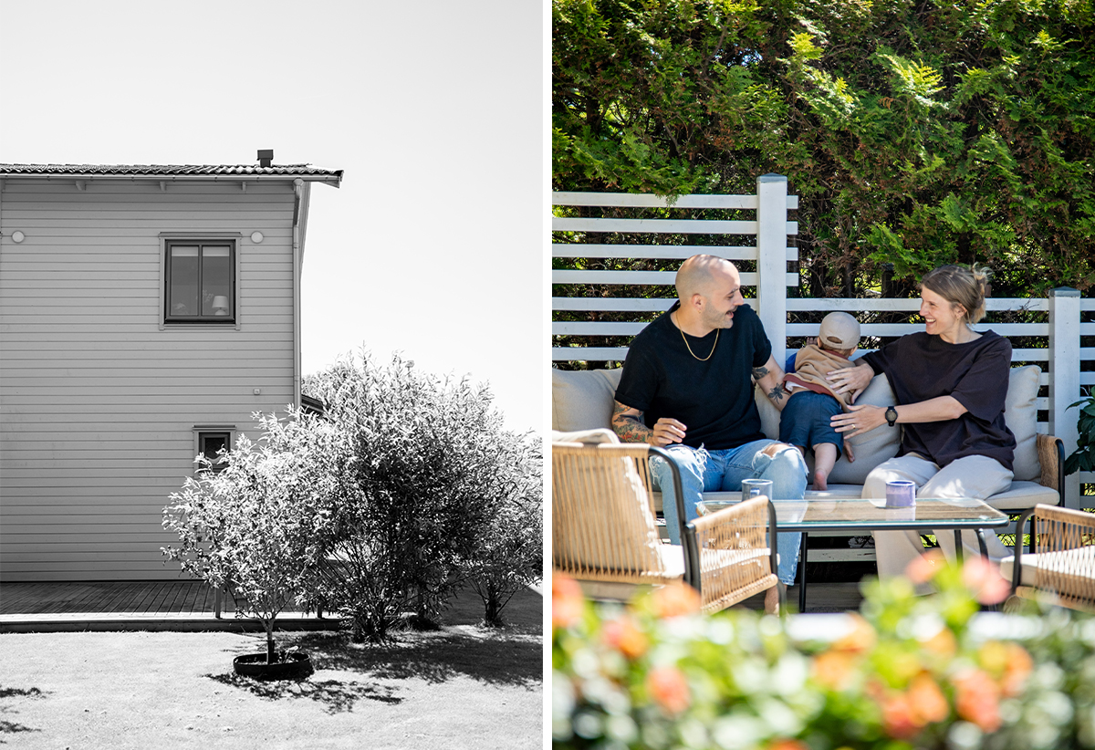 collage med två bilder, en svartvit på ett hus, och en i färg med ett par med ett litet barn i soffa på en uteplats.