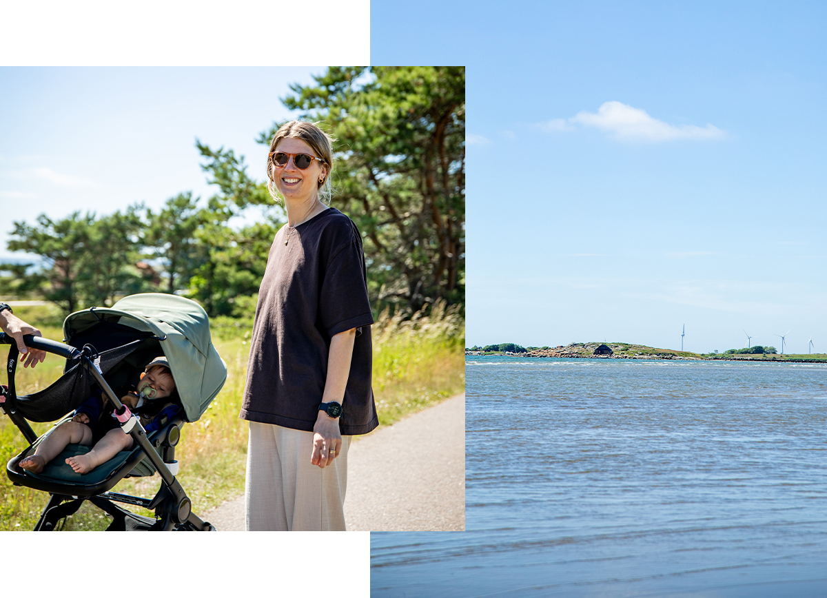 Collage med två bilder, en på havet och en på en kvinna mend en barnvagn.