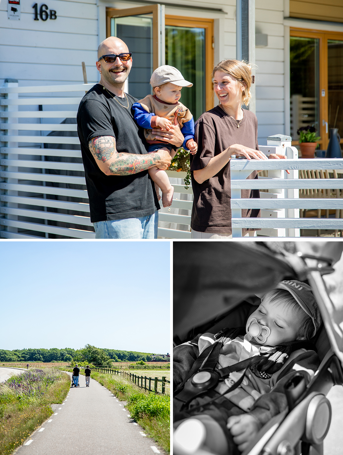 Collage med tre bilder på en familj med två vuxna och ett barn.