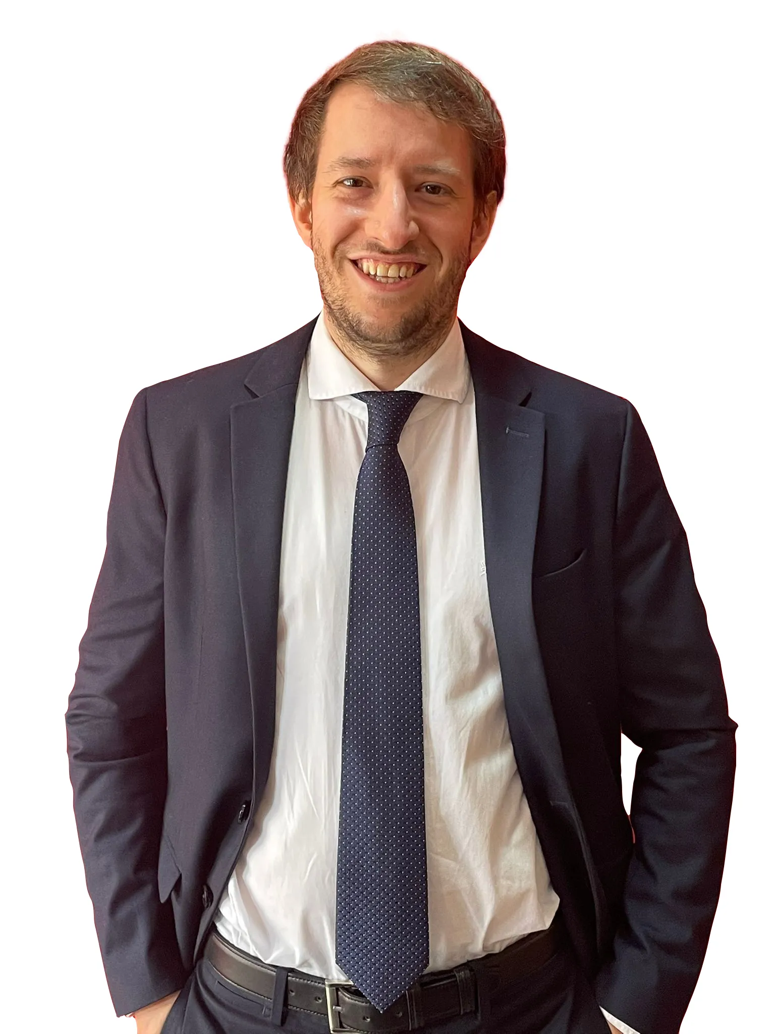 Smiling professional in navy suit and tie against white background