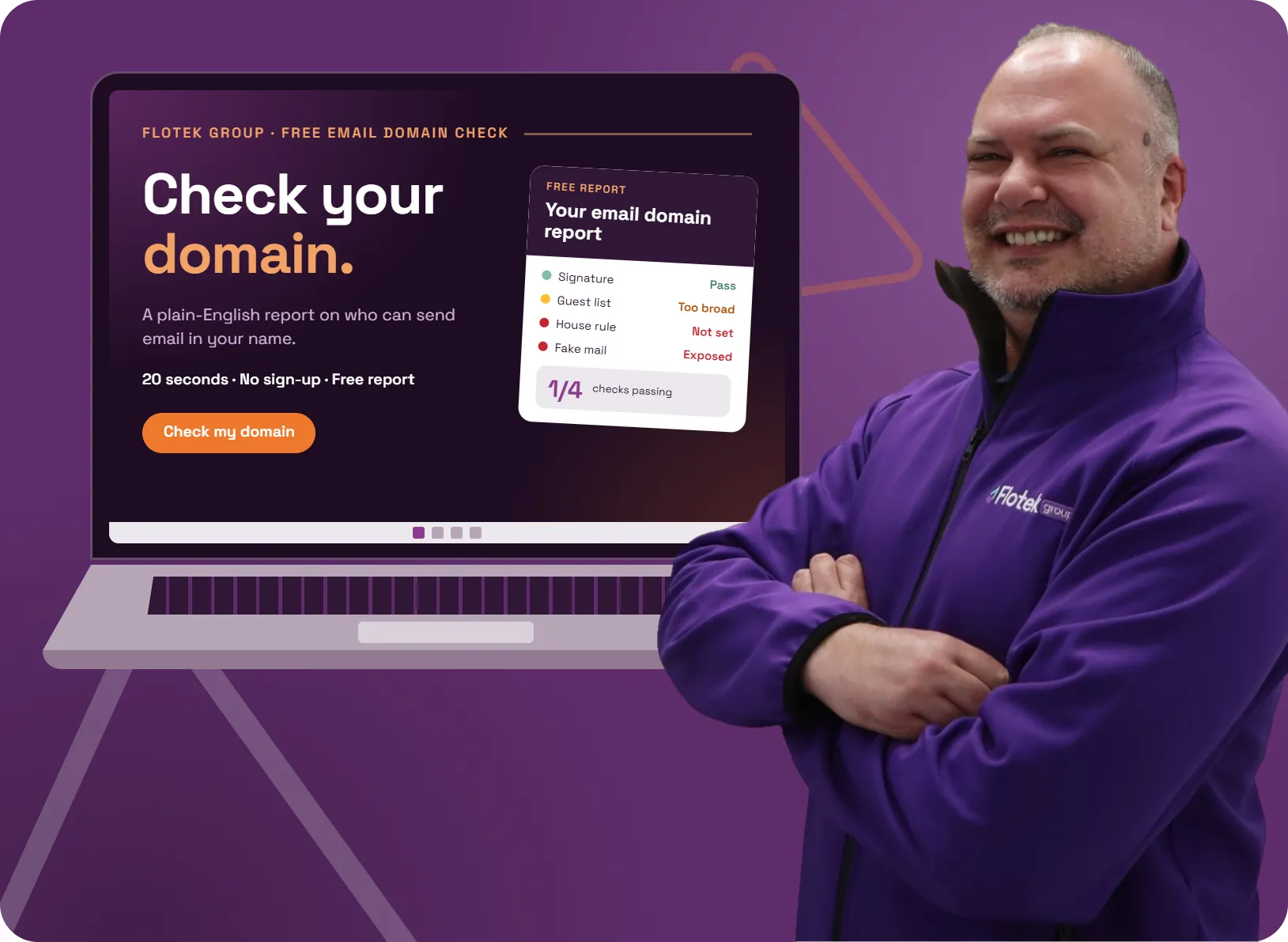 Free email domain scan from Flotek showing a domain security report