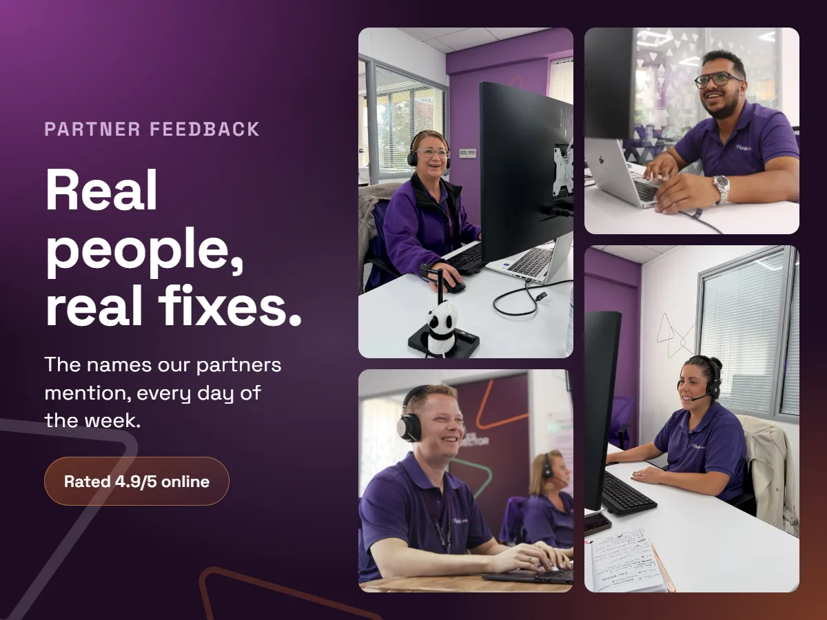 Flotek Purple Army helpdesk team on support calls, rated 4.9 out of 5 online