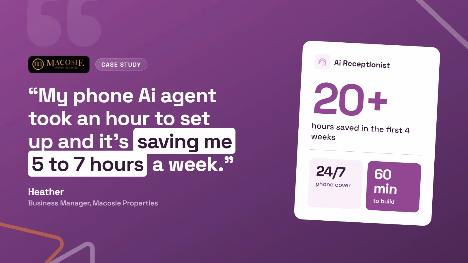 Macosie Properties AI receptionist case study: 20+ hours saved in the first 4 weeks, 24/7 phone cover, built in 60 minutes