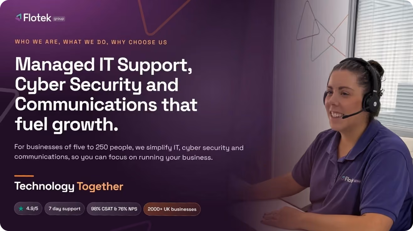 Flotek brochure cover: Managed IT Support, Cyber Security and Communications that fuel growth