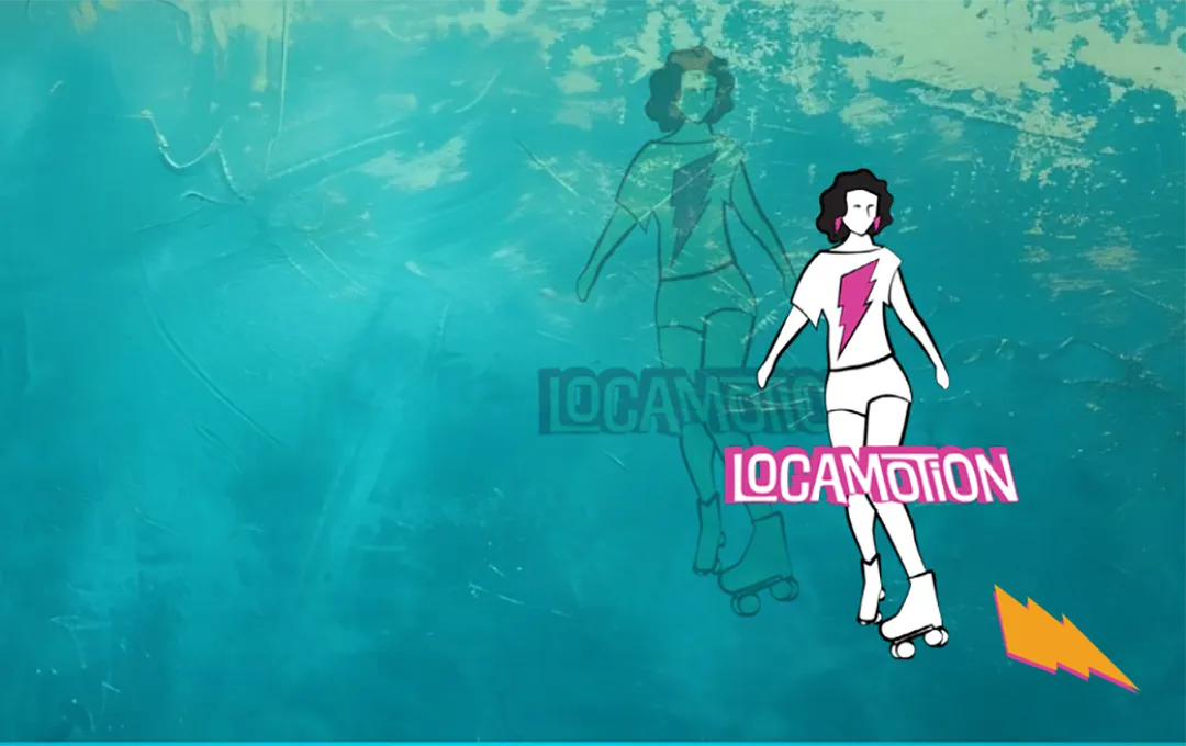 Locamotion rollerskate primary logo with teal background