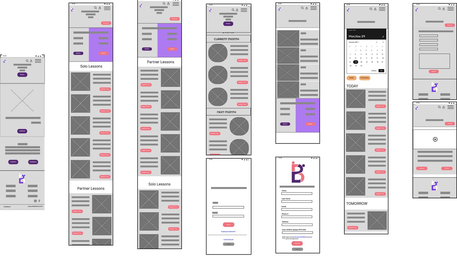 Lo fidelity wireframes for baza dance mobile web redesing