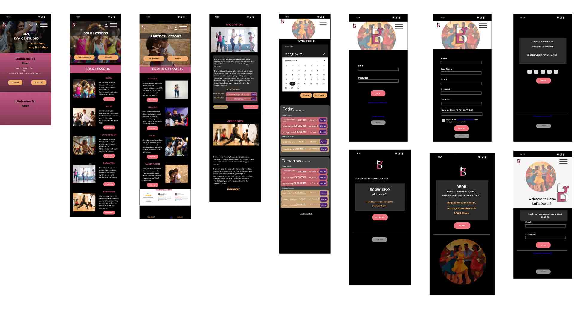 Hi fidelity wireframes for baza dance studio mobile site redesign