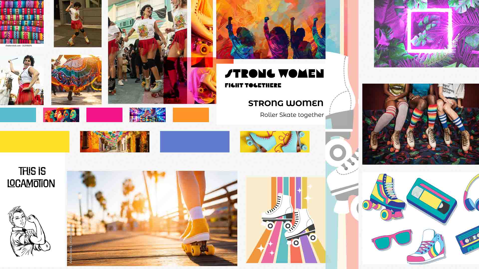 moodboard for locamotion brand. Multiple vibrant images with women, rollerskates, latin vibes, typography