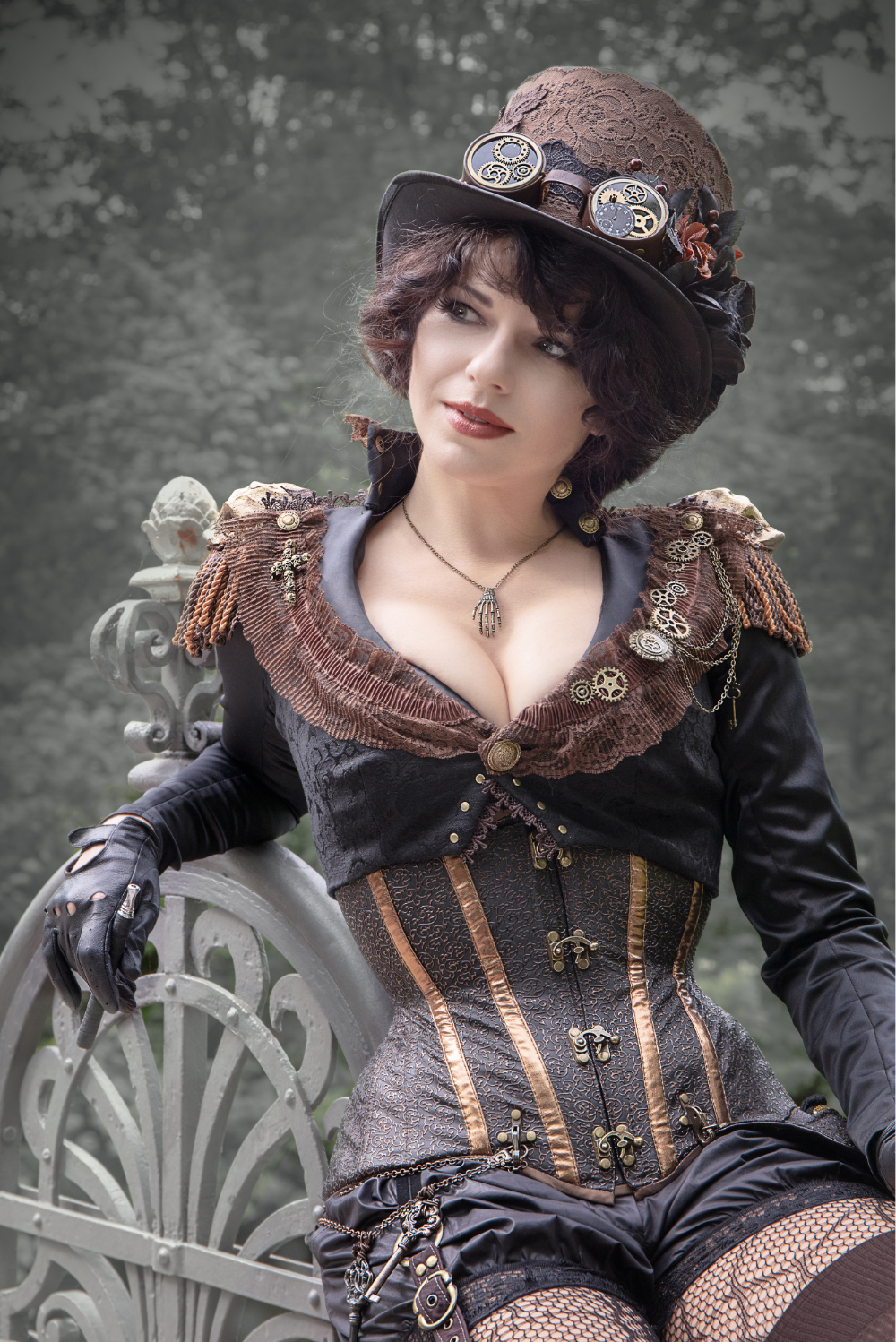 A lady wearing a steampunk costume in tones of brown
