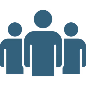 Icon of three simplified human figures representing a group, team or community.