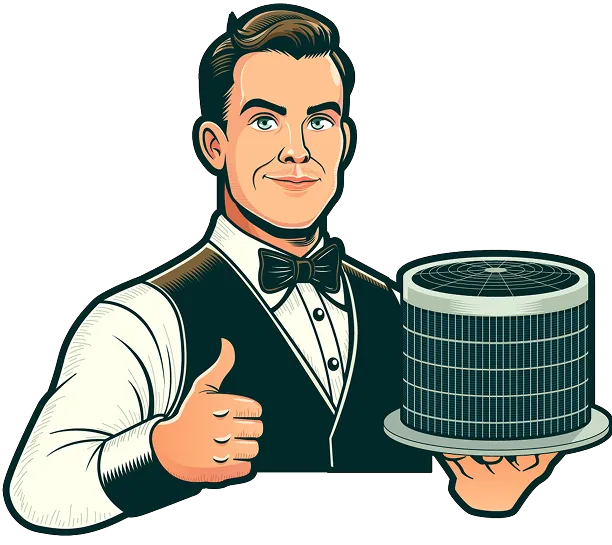 Tuxedo-clad man giving thumbs up next to HVAC air conditioning unit