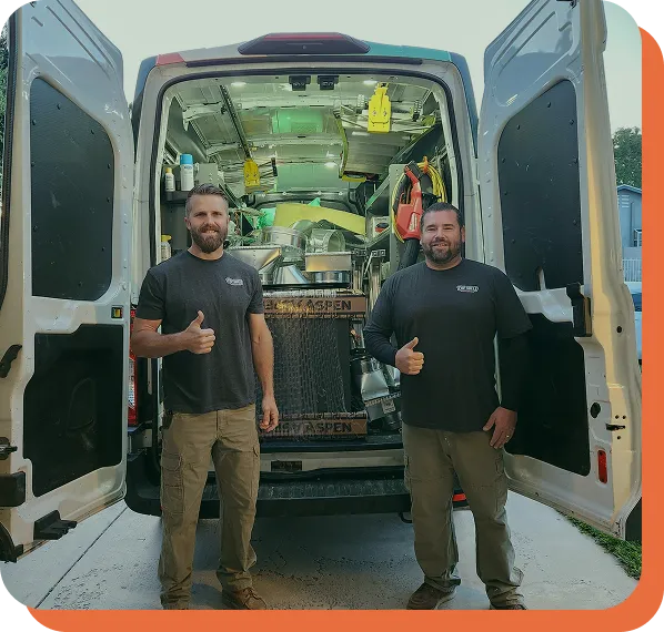 Two workers give thumbs up beside a service van filled with equipment