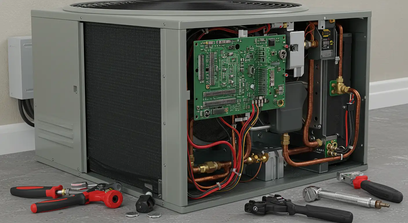 Open HVAC unit with circuit board, copper pipes, and repair tools