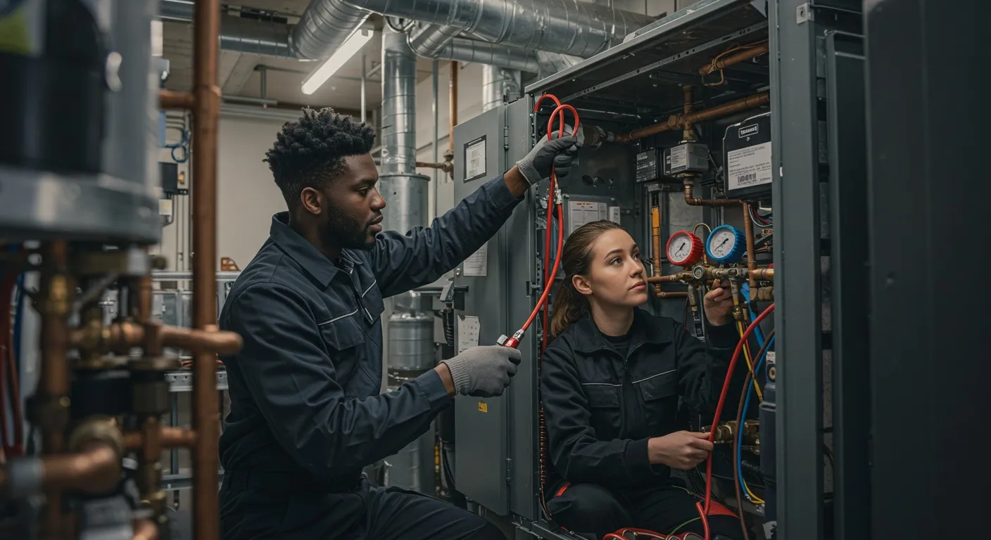 Technicians working together on electrical equipment in industrial setting