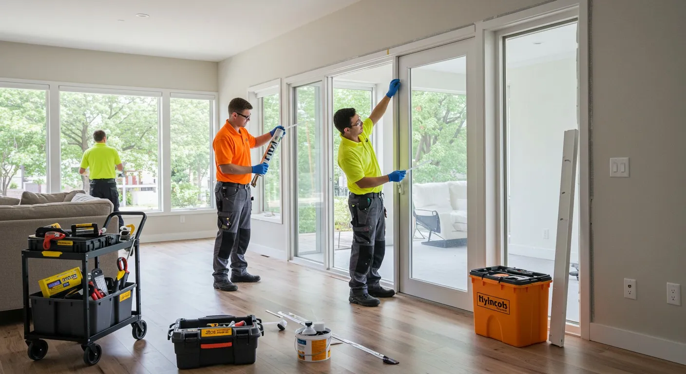 Workers in bright safety vests cleaning and sealing windows in a bright room
