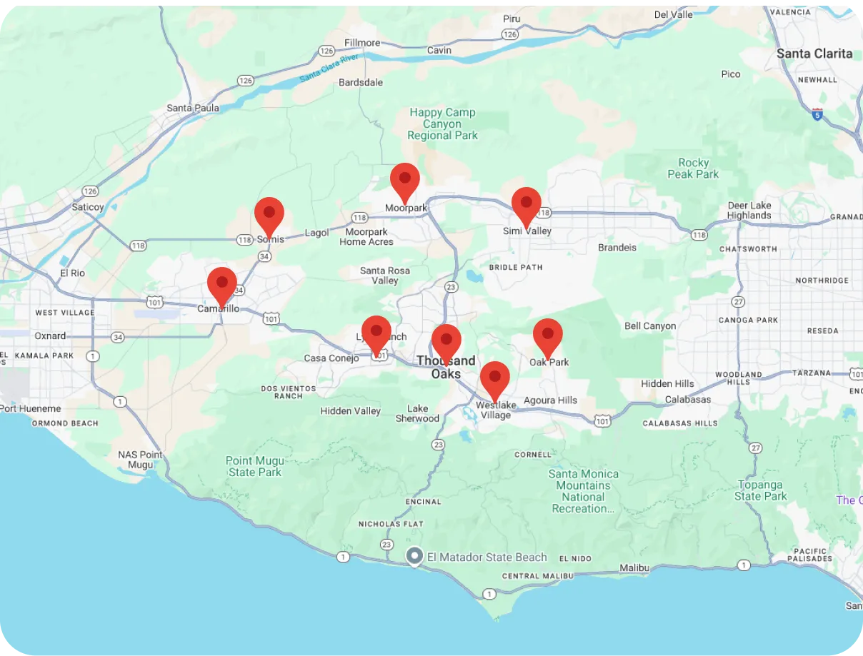 map showing several red pins in the Thousand Oaks and Simi Valley areas of California