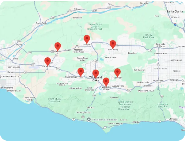 Map of Thousand Oaks and surrounding areas with multiple red location markers