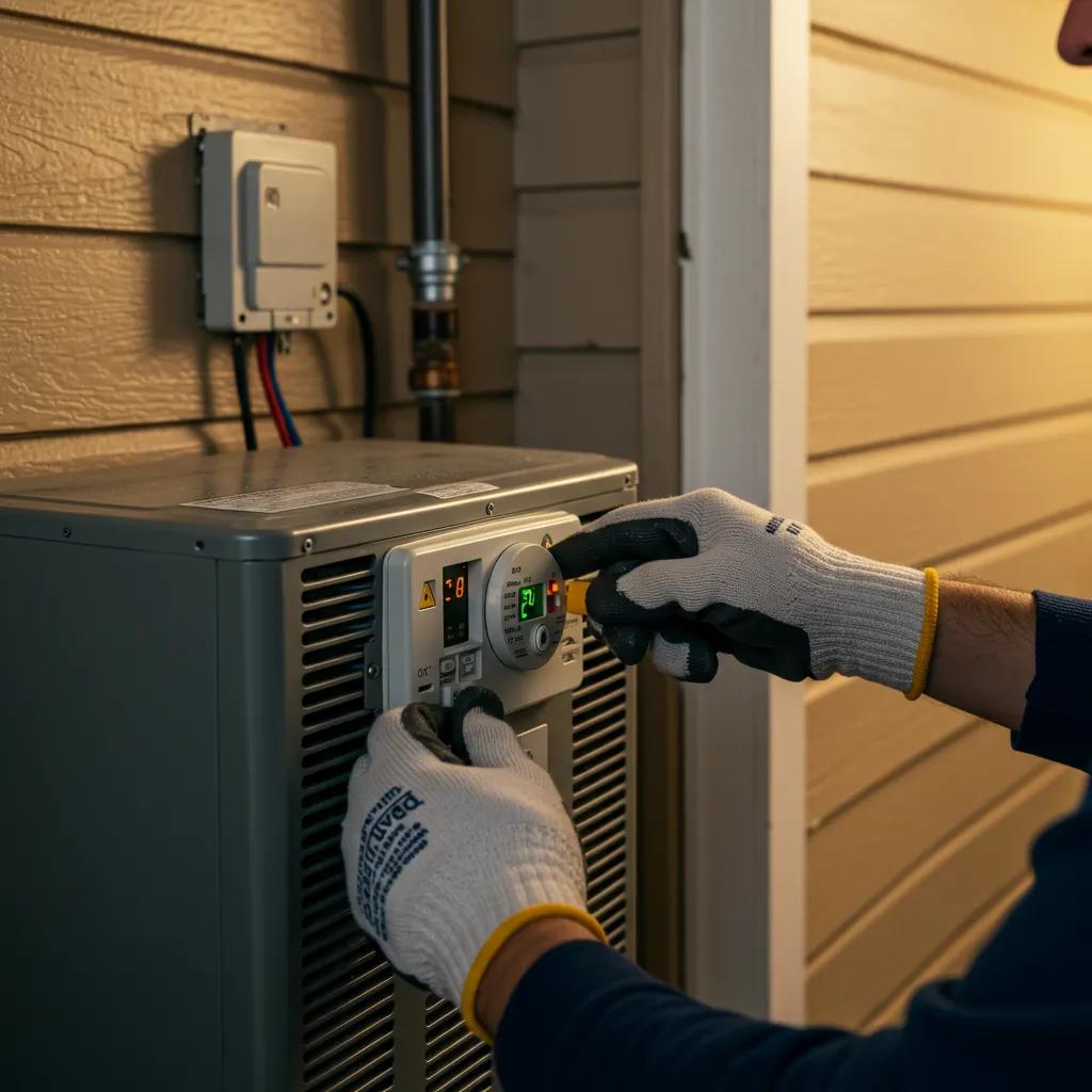 Person safely turning off an HVAC unit at the thermostat and outdoor disconnect