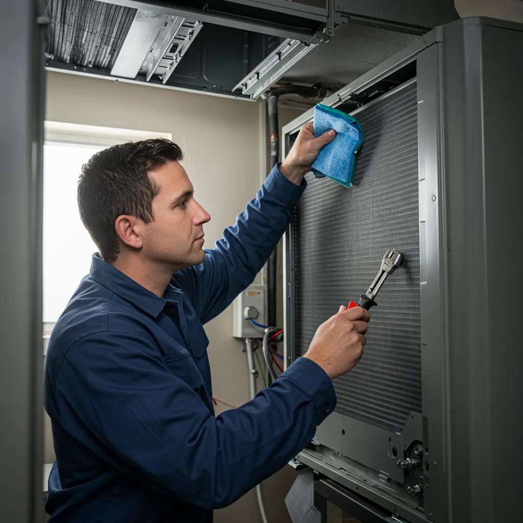 Technician performing maintenance on an HVAC system, cleaning air filter and inspecting evaporator coil